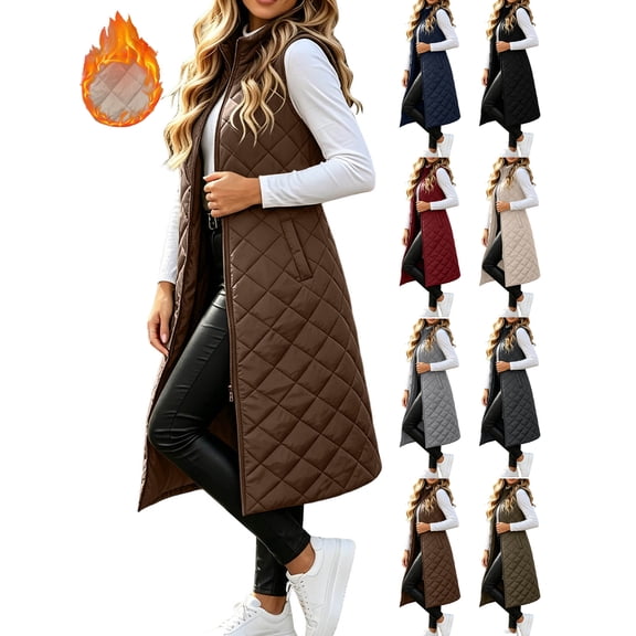 Women's Long Puffer Vest Sleeveless Quilted Jacket with Pockets, Winter Warm Padded Coat,Solid Color,Casual,Outerwear Vests,Loose Fit,Thickened,Outwear for Commutes