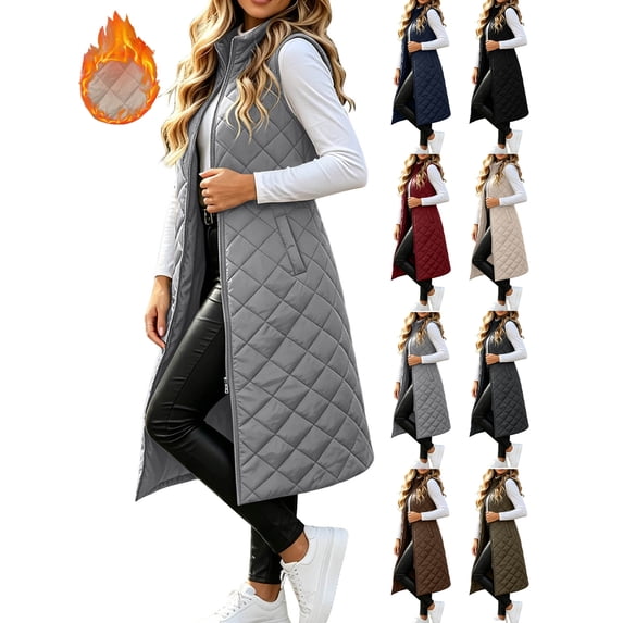 Women's Long Puffer Vest Sleeveless Quilted Jacket with Pockets, Winter Warm Padded Coat,Solid Color,Casual,Outerwear Vests,Loose Fit,Thickened,Outwear for Commutes