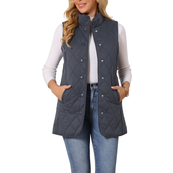 Women's Long Puffer Vest Stand Collar Sleeveless Puffy Jackets Lightweight Gilet Quilted Warm Coat S Dark Blue