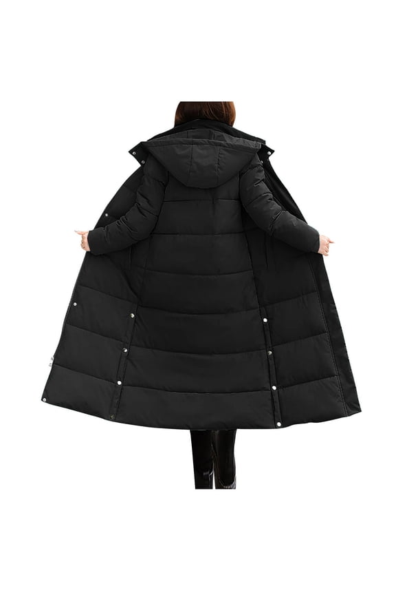 Women's Long Quilted Coat Hooded Maxi Length Long Sleeve Puffer Jacket Padded Coat Winter Outerwear with Pockets