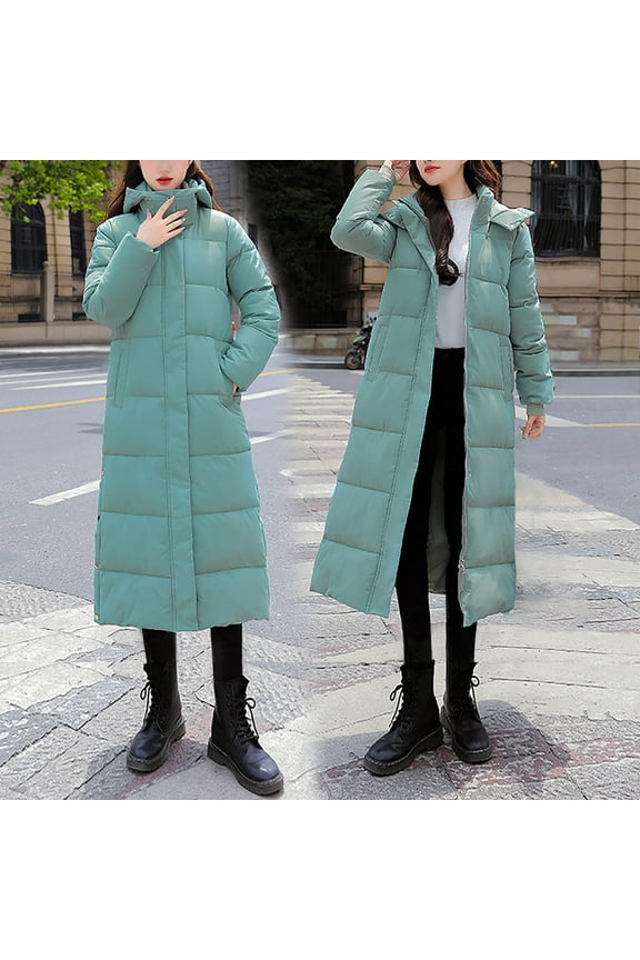 Women's Long Quilted Coat Hooded Maxi Length Long Sleeve Puffer Jacket for Women Padded Coat Winter Outerwear with Pockets