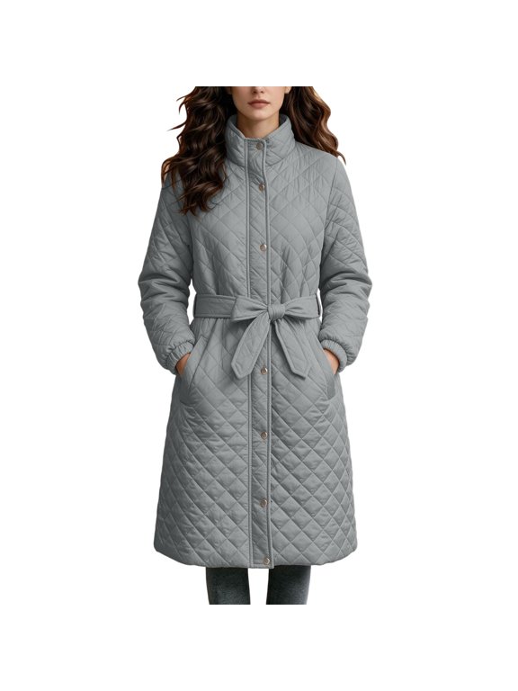 Women's Long Quilted Coat, Stand Collar Snap‑Button Front Jacket with Self‑Tie Waist Belt, Long Sleeve Insulated Outerwear with Side Pockets for Fall Winter Office Casual Daily Wear Gray S