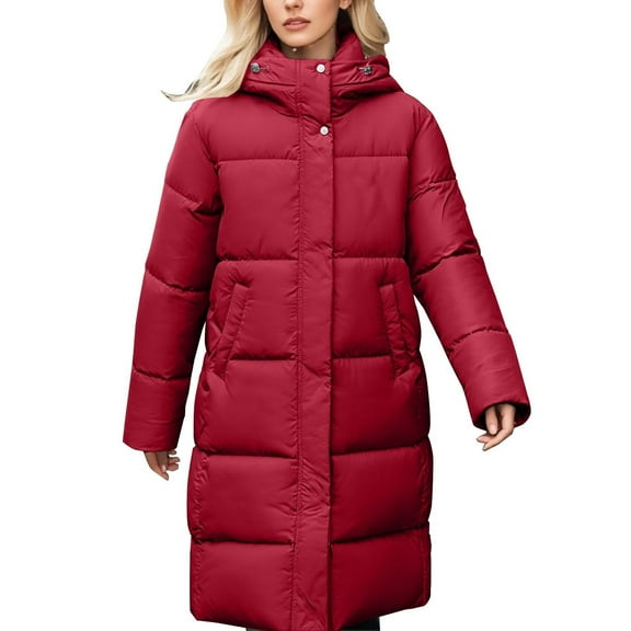 Women's Long Quilted Jacket Cotton Coat Winter Thicken Warm Fashion Hooded Zip up Parka Outerwear with Pockets (M, Red)