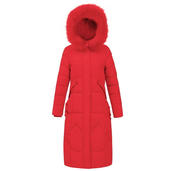 Women's Long Quilted Puffer Jackets Winter Warm Full Zip Hooded Coat Cotton Padded Down Warm Jacket Outerwear (L, Red)