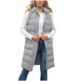 thumbnail image 1 of Women's Long Quilted Puffer Vest Plus Size Sleeveless Winter Hooded Coats Zipper Snap Casual Jacket Outerwear Gray, 3XL, 1 of 7