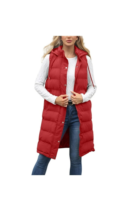 Women's Long Quilted Puffer Vest Plus Size Sleeveless Winter Hooded Coats Zipper Snap Casual Jacket Outerwear Red, 4XL