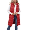 thumbnail image 1 of Women's Long Quilted Puffer Vest Plus Size Sleeveless Winter Hooded Coats Zipper Snap Casual Jacket Outerwear Red, S, 1 of 7