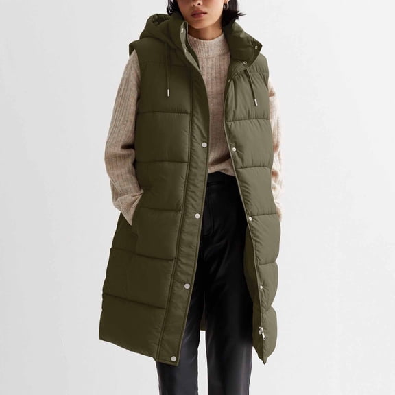 Women's Long Quilted Puffer Vest Sleeveless Hooded Button Down Padded Coats Jacket Outerwear Solid Color Cotton Jacket Sleeveless Long Top Hooded Jacket with Pockets