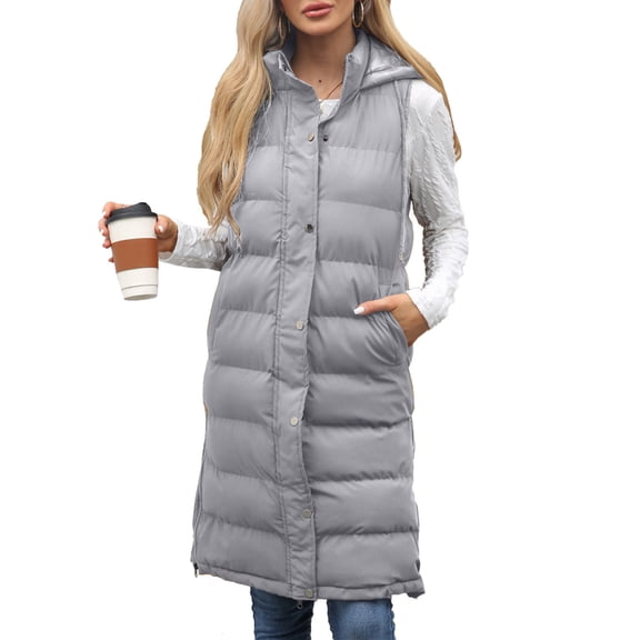 Women's Long Quilted Vest, Solid Color Sleeveless Puffer Gilet with Zipper, Casual Fashion Layering Piece for Fall, Winter Over Shirts & SweatersLight GrayM