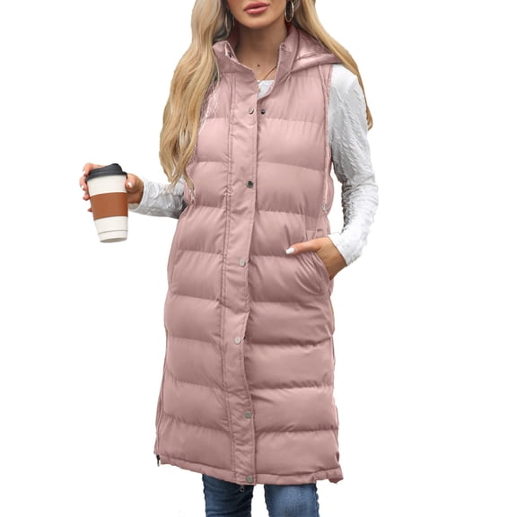 Women's Long Quilted Vest, Solid Color Sleeveless Puffer Gilet with Zipper, Casual Fashion Layering Piece for Fall, Winter Over Shirts & SweatersPinkS