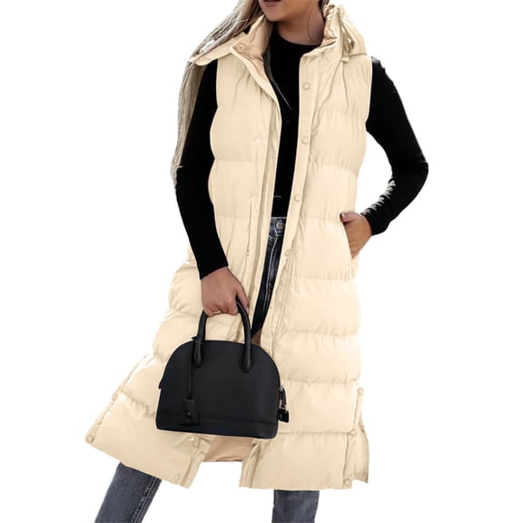 Women's Long Quilted Vest with Hood Button Down Puff Vest Cotton Padded Jacket Winter Coat