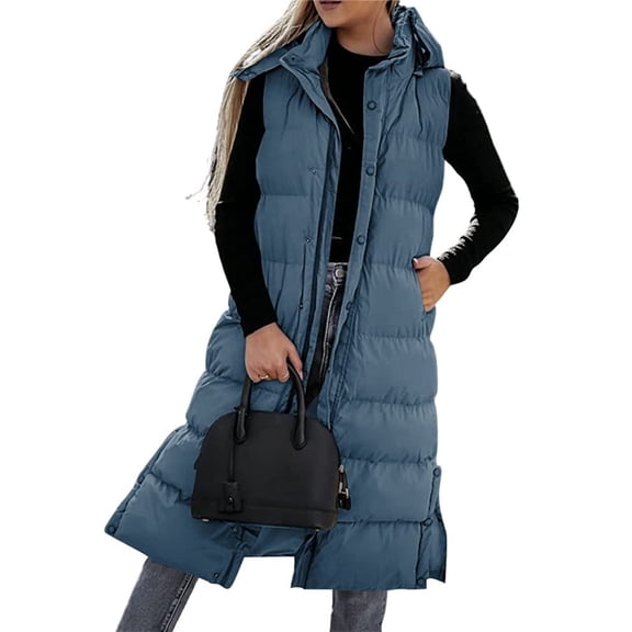 Women's Long Quilted Vest with Hood Button Down Puff Vest Cotton Padded Jacket Winter Coat