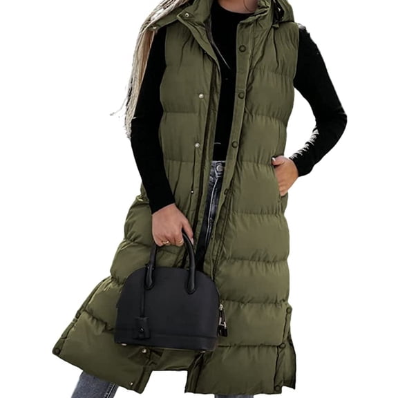 Women's Long Quilted Vest with Hood Button Down Puff Vest Cotton Padded Jacket Winter Coat