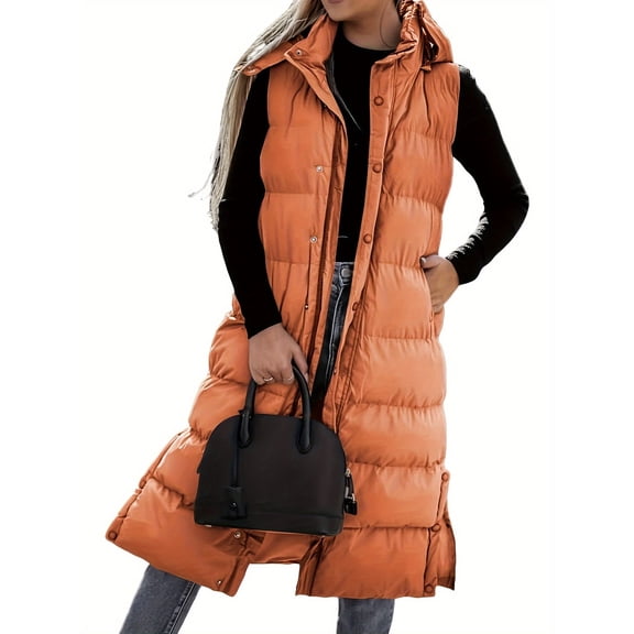 Women's Long Quilted Vest with Hood Button Down Puff Vest Cotton Padded Jacket Winter Coat