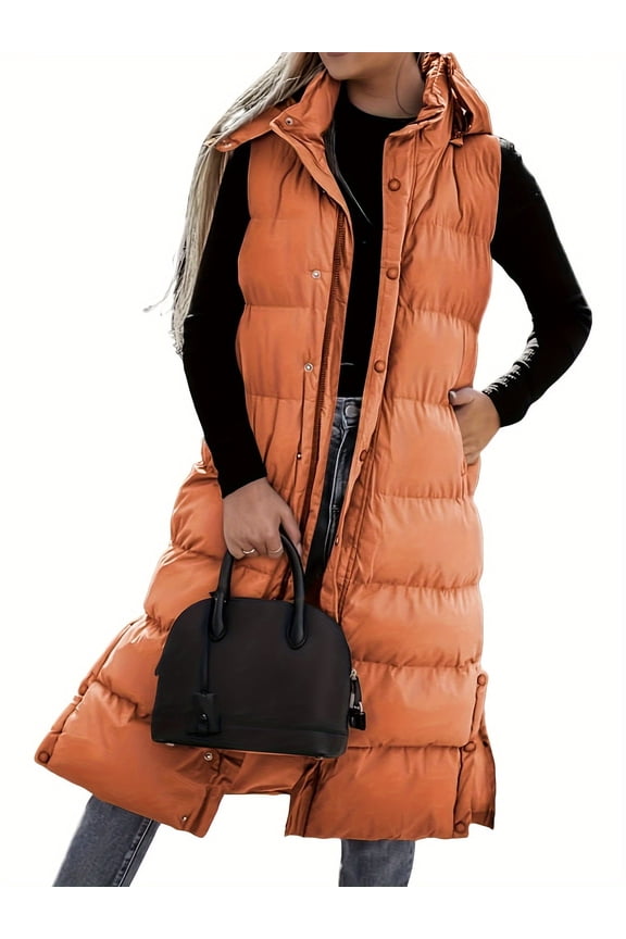 Women's Long Quilted Vest with Hood Button Down Puff Vest Cotton Padded Jacket Winter Coat
