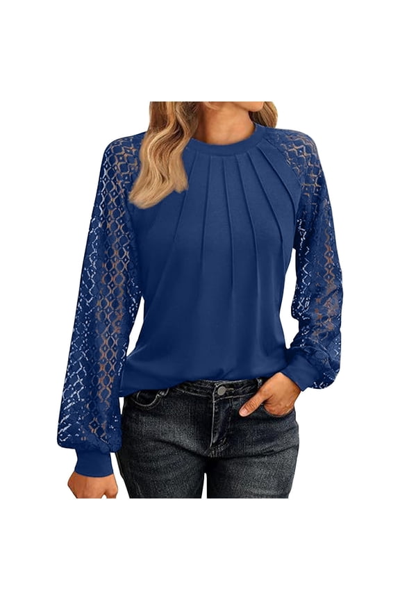 Women's Long Raglan Sleeve Top With A Round Neckline, Vertical Pleats On The Front, Lace-Trimmed Puff Sleeves With Ribbed Cuffs, Solid Color Everyday Shirt.