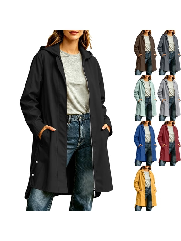 Women's Long Raincoat Hooded Trench Coat Full Zip Duster Waterproof Rain Jacket with Pockets for Travel Hiking Rainy Day, Black, XXL