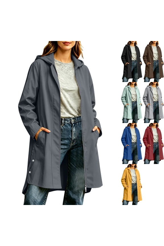 Women's Long Raincoat Hooded Trench Coat Full Zip Duster Waterproof Rain Jacket with Pockets for Travel Hiking Rainy Day, Dark Gray, L