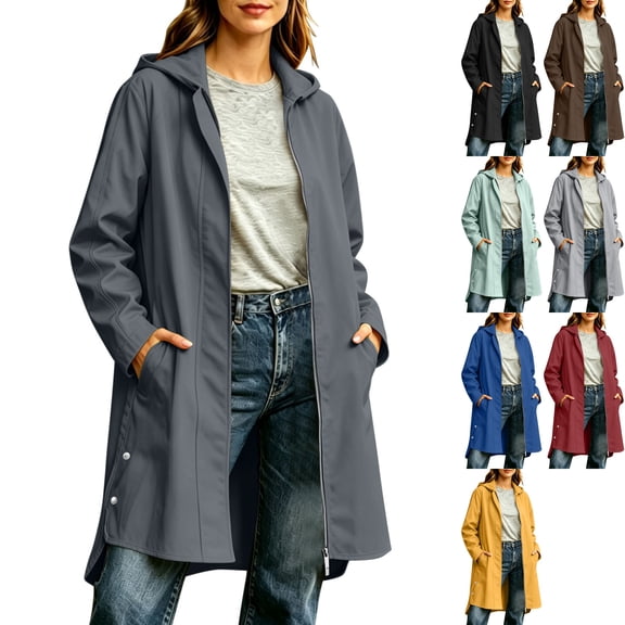 Women's Long Raincoat Hooded Trench Coat Full Zip Duster Waterproof Rain Jacket with Pockets for Travel Hiking Rainy Day, Dark Gray, XXL