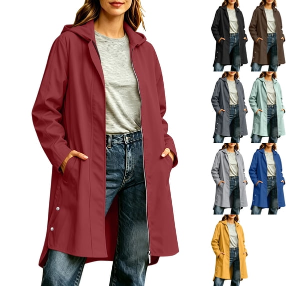 Women's Long Raincoat Hooded Trench Coat Full Zip Duster Waterproof Rain Jacket with Pockets for Travel Hiking Rainy Day, Wine, XL