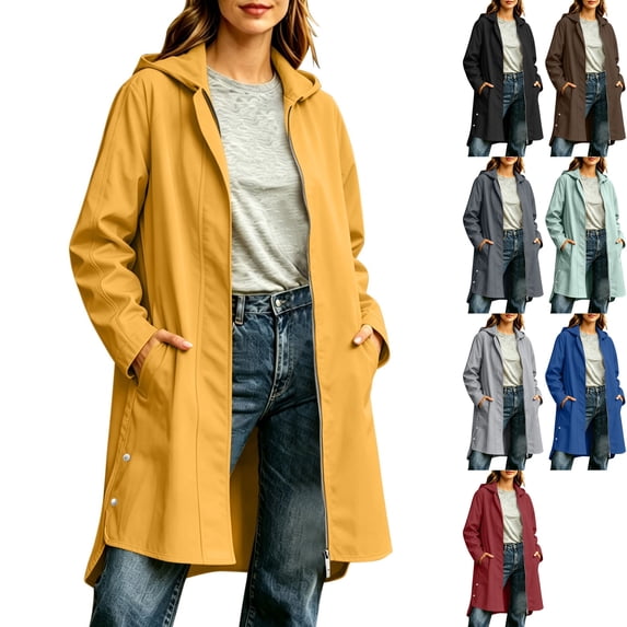 Women's Long Raincoat Hooded Trench Coat Full Zip Duster Waterproof Rain Jacket with Pockets for Travel Hiking Rainy Day, Yellow, XL