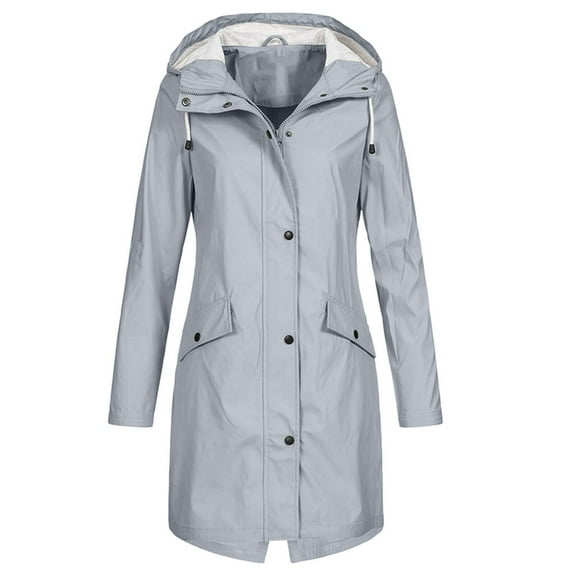 Women's Long Raincoat with Hood, Outdoor Lightweight Windbreaker Rain Jacket Waterproof Trench Coats with Pockets Women's Casual Winter Coat Gray XXL