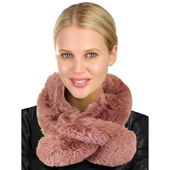 Women's Long Rectangular Soft Faux Fur Neck Warmer Collar Scarf, Mauve