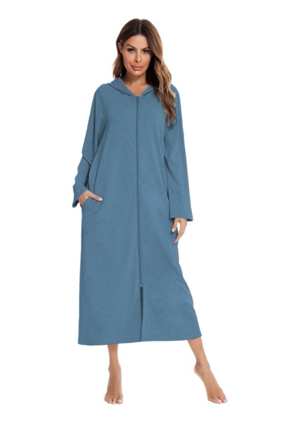 Women's Long Robe Zip Up Hoodie House Coat Pocket Long Sleeve Full Length Housecoat