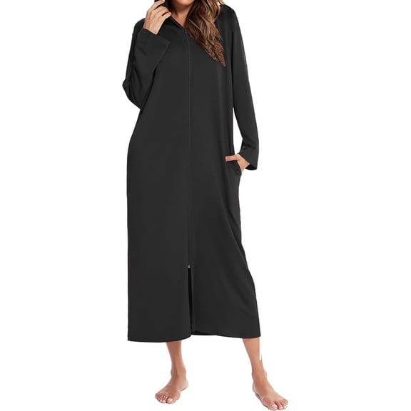 Women's Long Robe Zip Up Hoodie House Coat Pocket Long Sleeve Full Length Housecoat