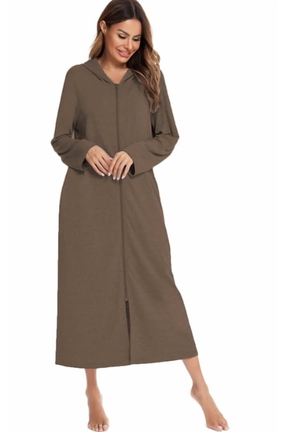 Women's Long Robe Zip Up Hoodie House Coat Pocket Long Sleeve Full Length Housecoat