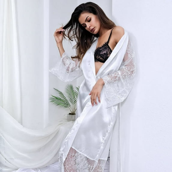 Women's Long Robe with Lace, Kimono Satin Gown Lingerie Long Sleeve Tie Front Robe Cover Up
