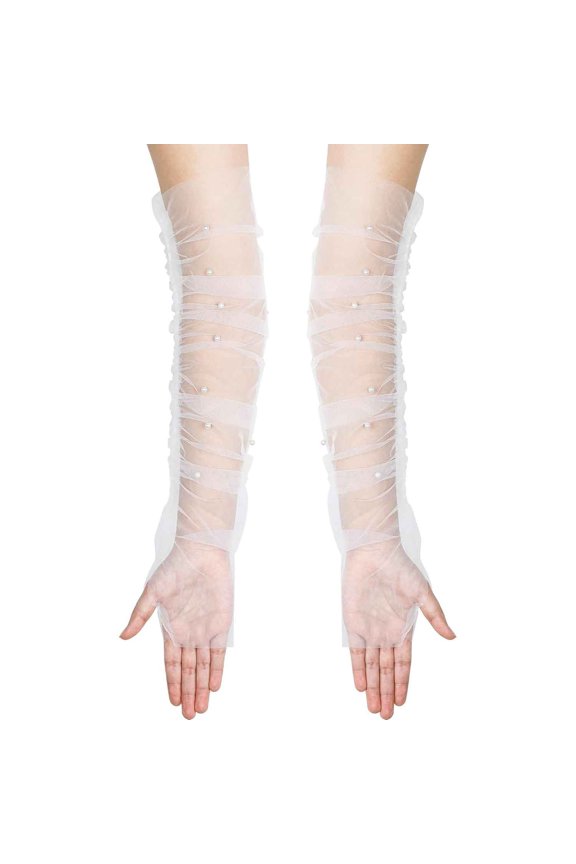 Women's Long Ruched Fingerless Gloves with Pearl Sheer Tulle Mesh