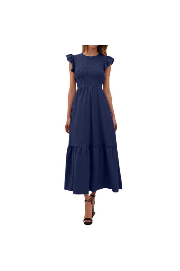 Women's Long Ruffled Sleeve Pleated Dress - Casual Extra Long with Pockets