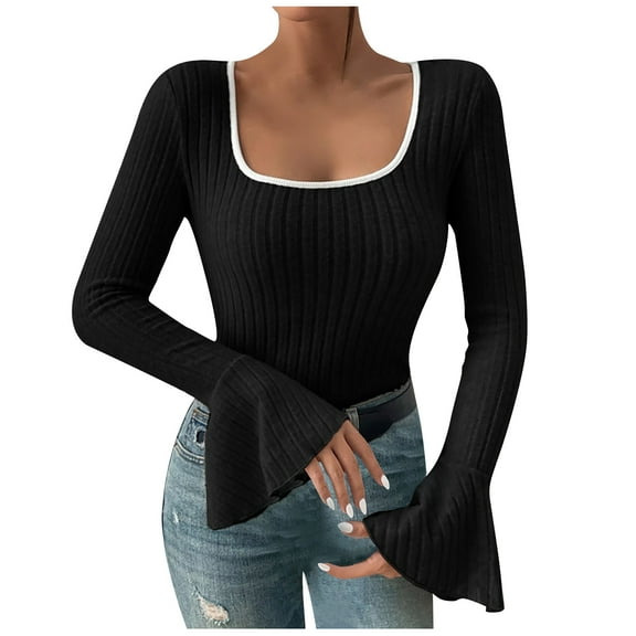 Women's Long Ruffled Sleeve Square Neck Ribbed Knit Tops Slim Fit Stretchy Trendy Pullover Shirt Solid Sweater Blouses Black,S