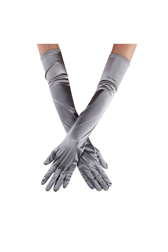 Women's Long Satin Finger Gloves Elbow Length 1920s Opera Bridal Dance Gloves Silver (One Size)