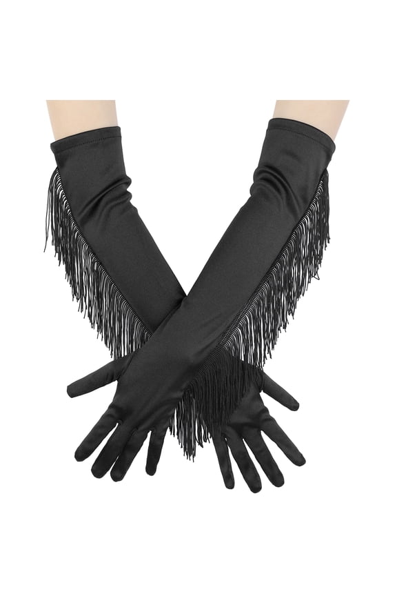 Women's Long Satin Finger Gloves with Tassels Arm Warmer Elbow Length Sleeves for Female Halloween Opera Dance Wedding Party Black