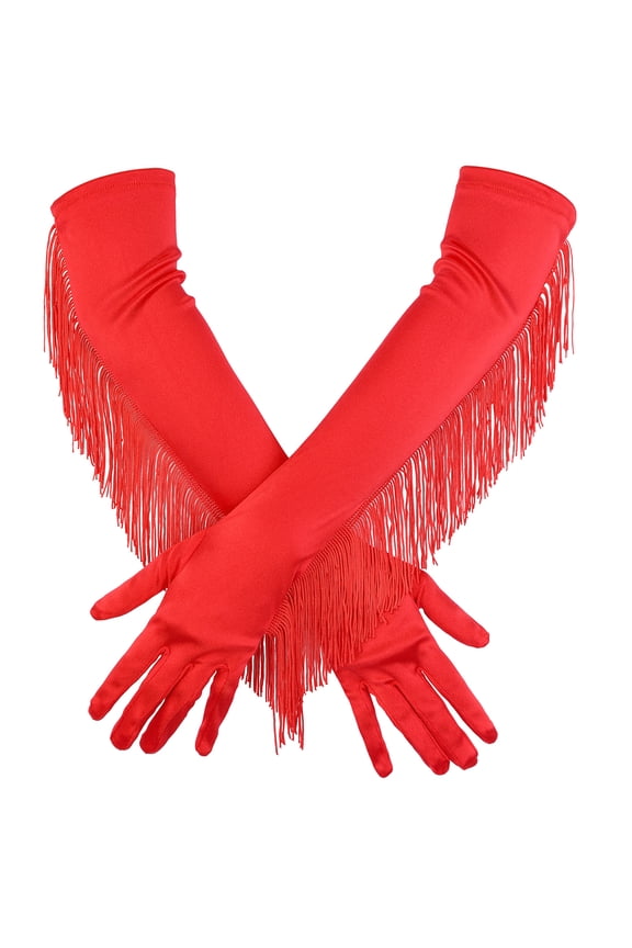 Women's Long Satin Finger Gloves with Tassels Arm Warmer Elbow Length Sleeves for Female Halloween Opera Dance Wedding Party Red