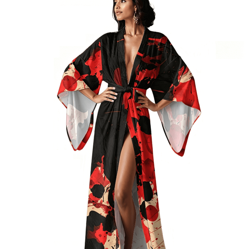 Open Front Robe Women’s Long Satin Kimono Robe, Black Red Abstract Paint Print, Open ...