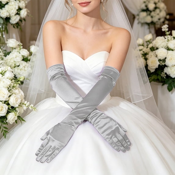 Women's Long Satin Opera Gloves, Elegant Solid Color Formal Evening Gloves, Soft Stretchy Wedding Prom Halloween Cosplay Accessories for Daily Dress Up Silver