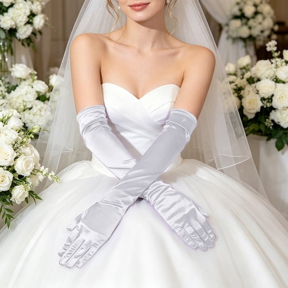 Women's Long Satin Opera Gloves, Elegant Solid Color Formal Evening Gloves, Soft Stretchy Wedding Prom Halloween Cosplay Accessories for Daily Dress Up White