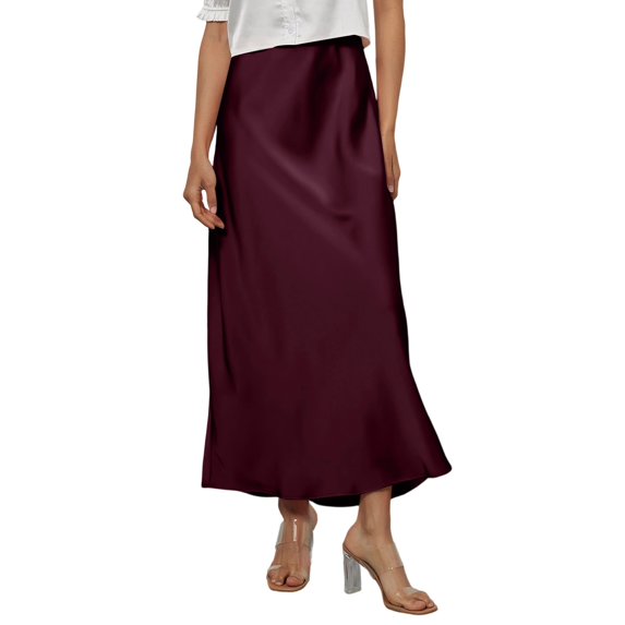 Women’s Long Satin Skirt High Waist Flowy A Line Midi Skirt Lightweight Smooth Silky Fabric for Daily Wear Office Deep Red S