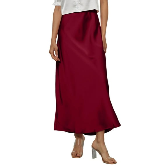 Women’s Long Satin Skirt High Waist Flowy A Line Midi Skirt Lightweight Smooth Silky Fabric for Daily Wear Office Wine L