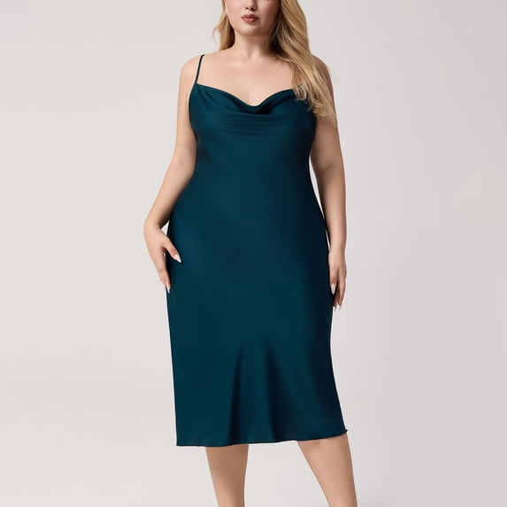 Women's Long Satin Sleep Dress Suspender Sleeveless Solid Color Nightgown with Built-In Bra Soft Home Wear Comfortable Sleepshirts Dark Blue 5XL