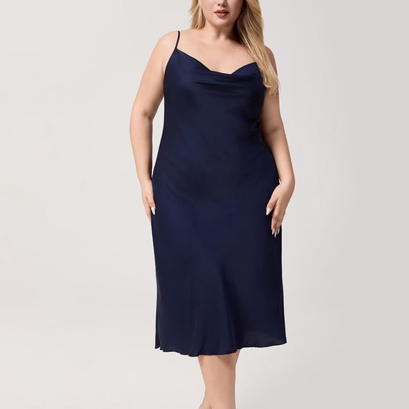 Women's Long Satin Sleep Dress Suspender Sleeveless Solid Color Nightgown with Built-In Bra Soft Home Wear Comfortable Sleepshirts Navy XL