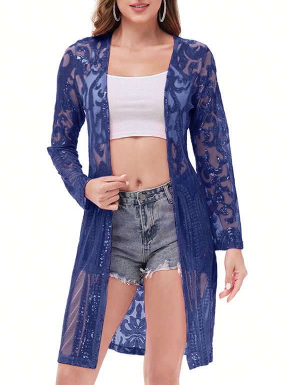 Women's Long Sequin Cardigan Open Front Sheer Duster Jacket- XX Large, Navy Blue