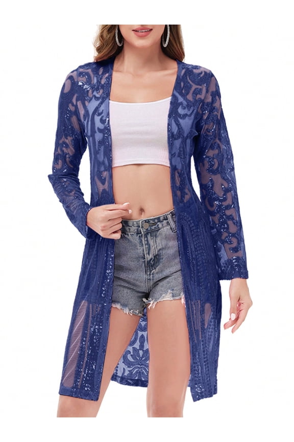 Women's Long Sequin Cardigan Open Front Sheer Duster Jacket- XX Large, Navy Blue
