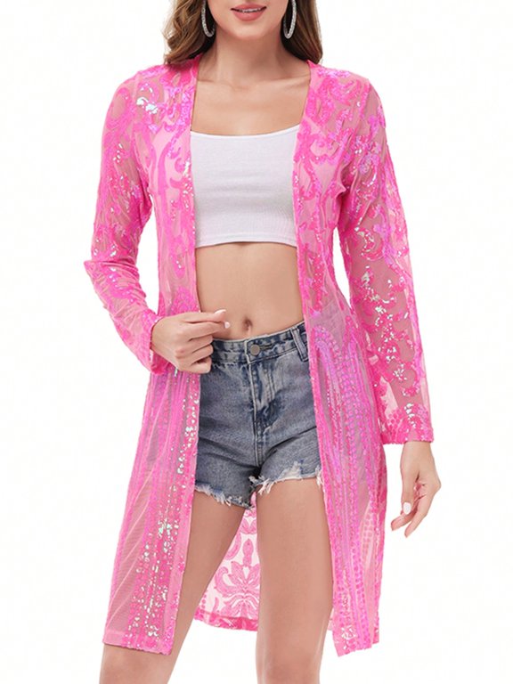 Women's Long Sequin Cardigan Open Front Sheer Duster Jacket- XX Large, Rose Pink