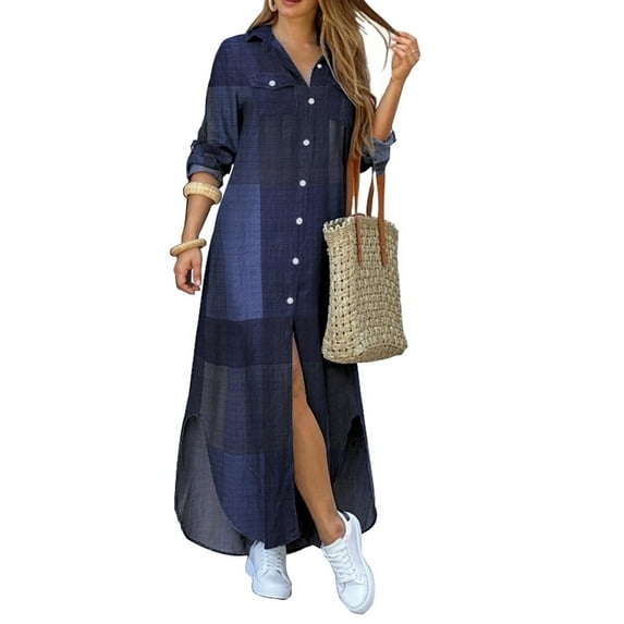 Women's Long Shirt Collar Dress Loose Checked Plaid Dress Tie Dye Vintage Print Dress CS