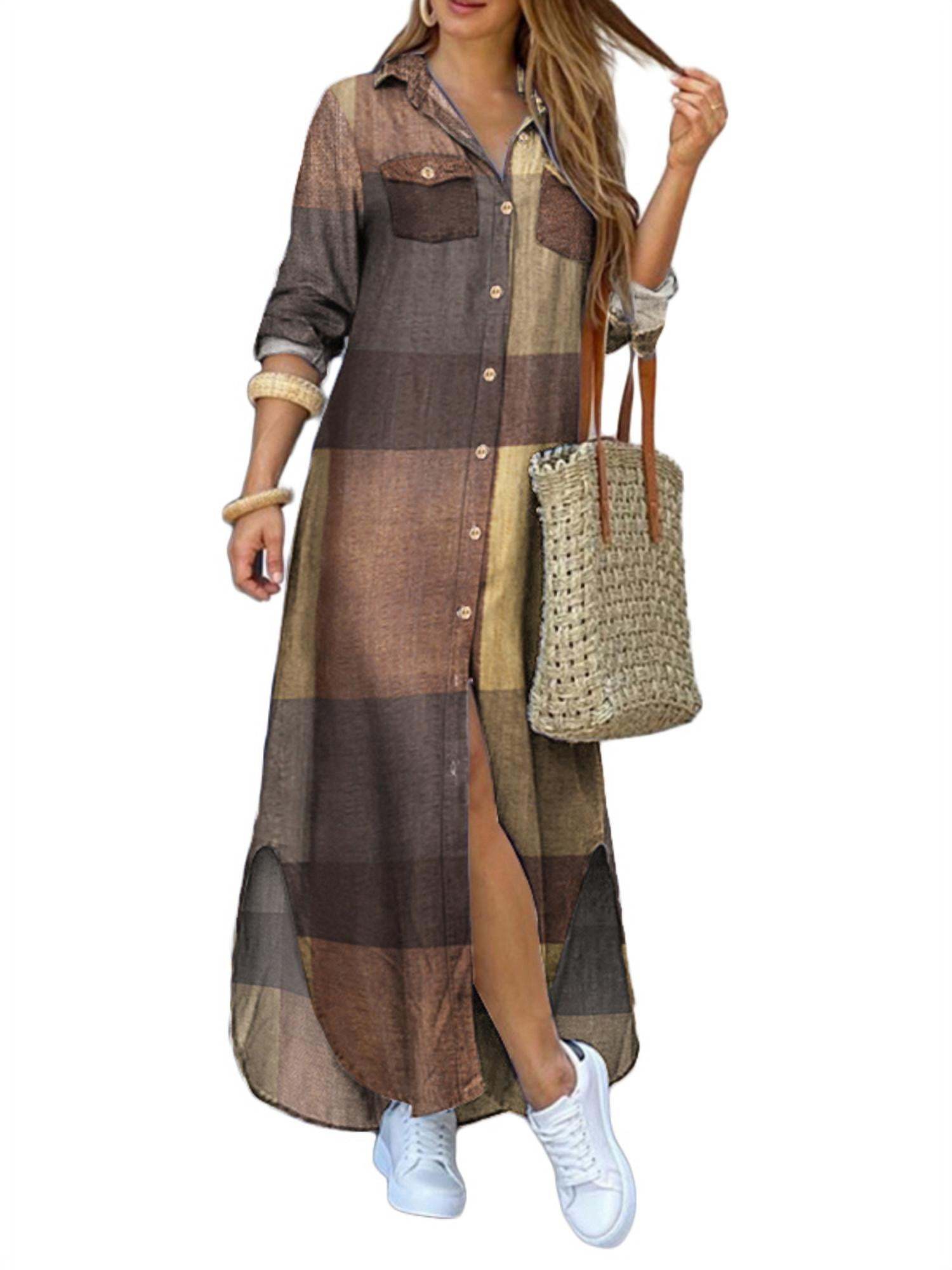 Women s Long Shirt Collar Dress Loose Checked Plaid Dress Tie Dye ...