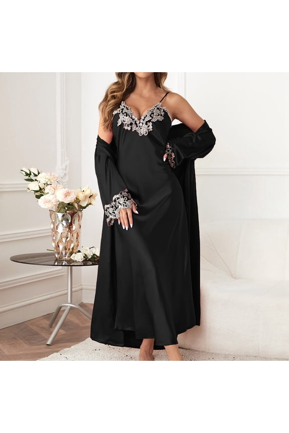 Women's Long Silk Like Dress With Tie Back 2 Piece Set Casual And Sexy Wear Womens Silk Pajamas Fall Pajamas For Women Comfy Short Night Shirt Women Sleepwear Sleep Shirts for Women Petite Nightgowns